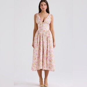 House of CB EMMELINA Pink Meadow Print Cotton Corset MIDI Sundress
